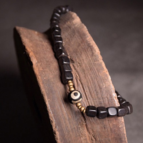 Ebony Wood Dzi Bead Copper Peace Couple Bracelet Ebony Wood Dzi Bead Copper Peace Couple Bracelet