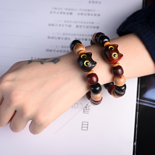 Ebony Wood Cat Engraved Protection Bracelet