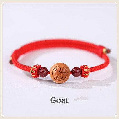 Natural Peach Wood Chinese Zodiac Cinnabar Wealth Bracelet