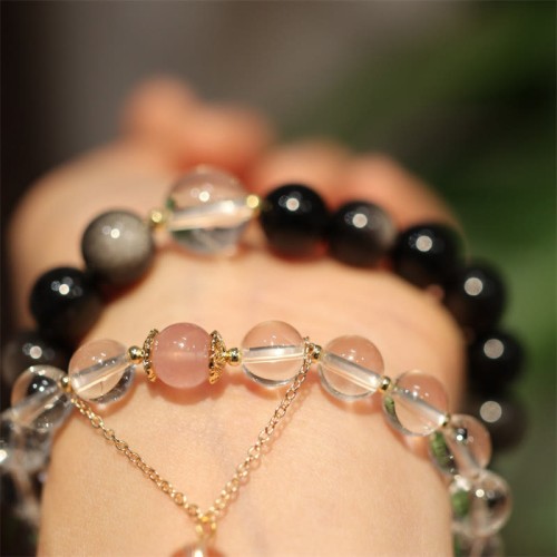 Silver Sheen Obsidian Pink Crystal Yin Yang Couple Bracelet Silver Sheen Obsidian Pink Crystal Yin Yang Couple Bracelet