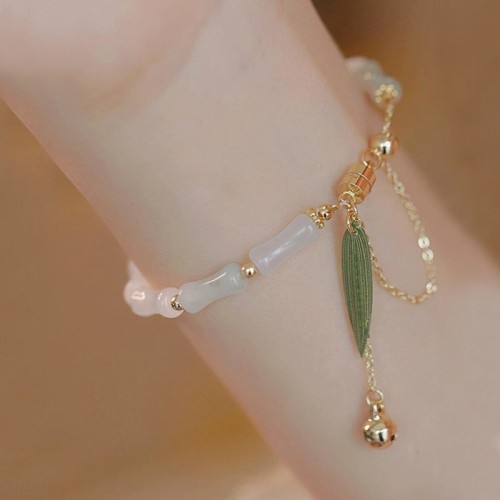 14K Gold Plated Hetian Jade Bamboo Leaf Luck Bracelet 14K Gold Plated Hetian Jade Bamboo Leaf Luck Bracelet