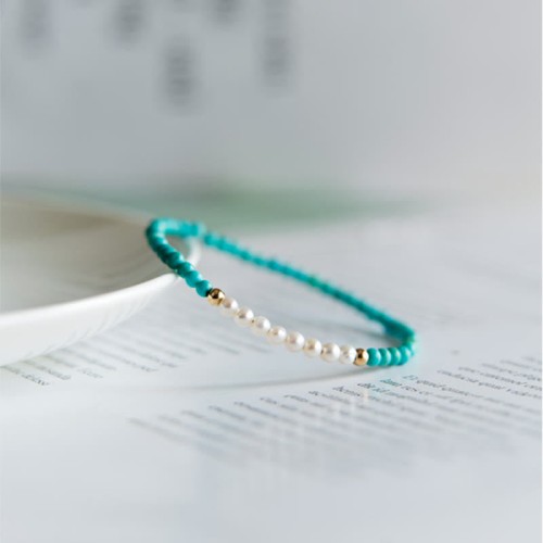 925 Sterling Silver Natural Turquoise Pearl Beaded Bracelet 925 Sterling Silver Natural Turquoise Pearl Beaded Bracelet