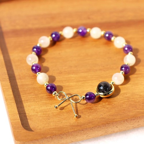 Amethyst Cat Eye Black Rutilated Quartz Bead Bracelet