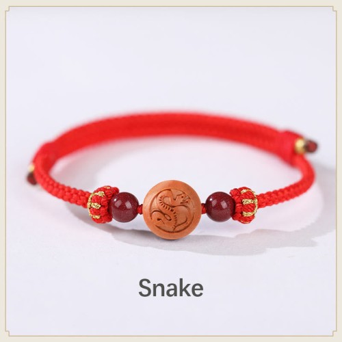 Natural Peach Wood Chinese Zodiac Cinnabar Wealth Bracelet