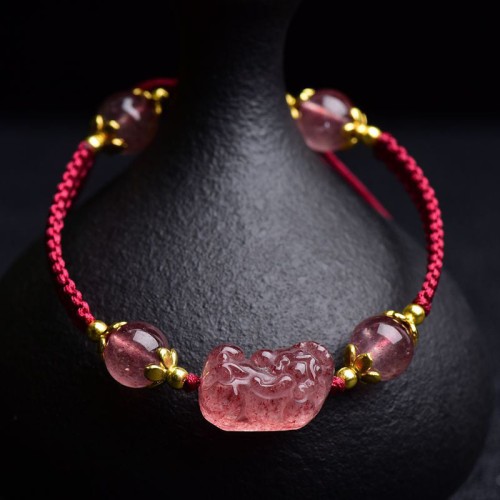 Natural Strawberry Crystal Pixiu Charm Lucky Bracelet