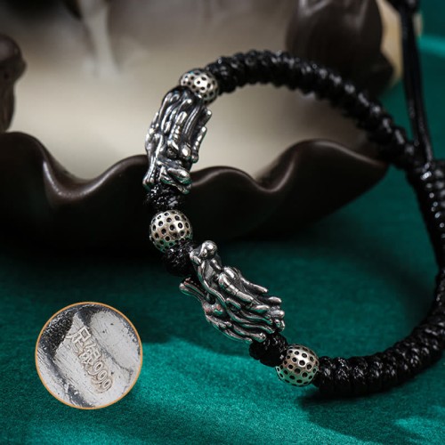 999 Sterling Silver Double Dragon Luck Bracelet