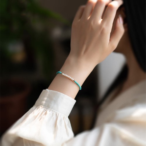 925 Sterling Silver Natural Turquoise Pearl Beaded Bracelet 925 Sterling Silver Natural Turquoise Pearl Beaded Bracelet