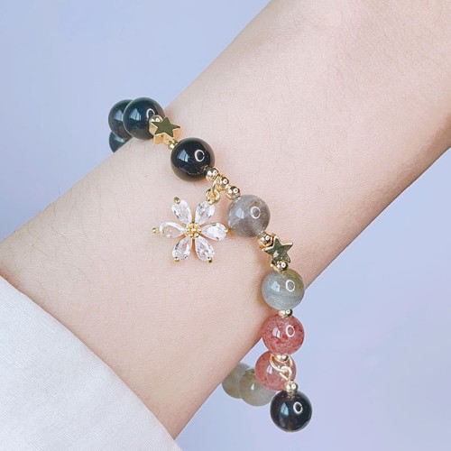 Natural Silver Sheen Obsidian Heart Star Flower Protection Bracelet