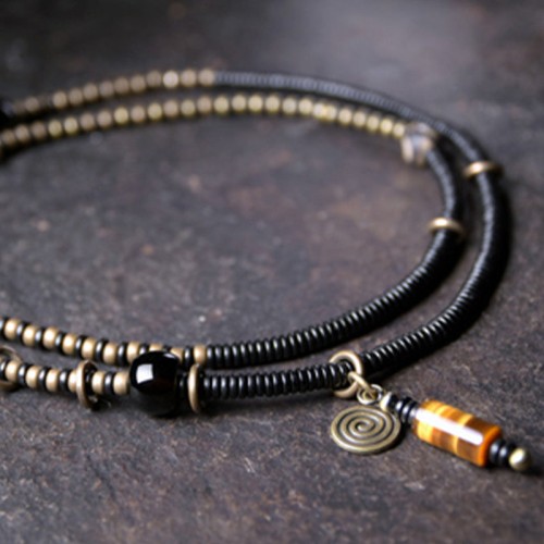 Ebony Wood Dzi Bead Copper Peace Couple Bracelet Ebony Wood Dzi Bead Copper Peace Couple Bracelet