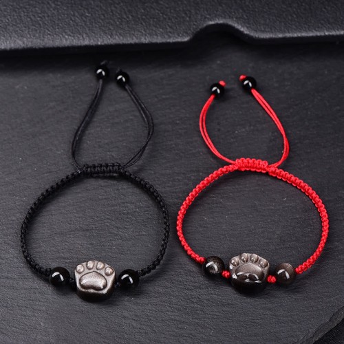 Silver Sheen Obsidian Cat Paw Protection Rope Bracelet Silver Sheen Obsidian Cat Paw Protection Rope Bracelet