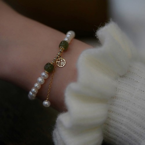 Natural Pearl Hetian Jade Happiness Wisdom Bracelet
