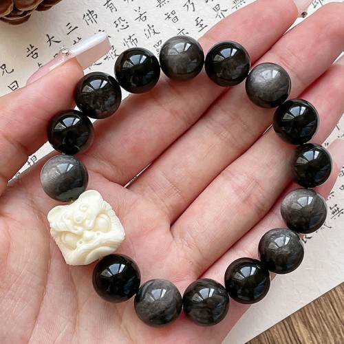 Silver Sheen Obsidian Bodhi Seed Lion Bracelet Silver Sheen Obsidian Bodhi Seed Lion Bracelet