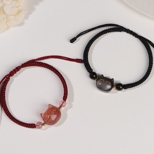 Silver Sheen Obsidian Strawberry Quartz Cat Bracelet Silver Sheen Obsidian Strawberry Quartz Cat Bracelet