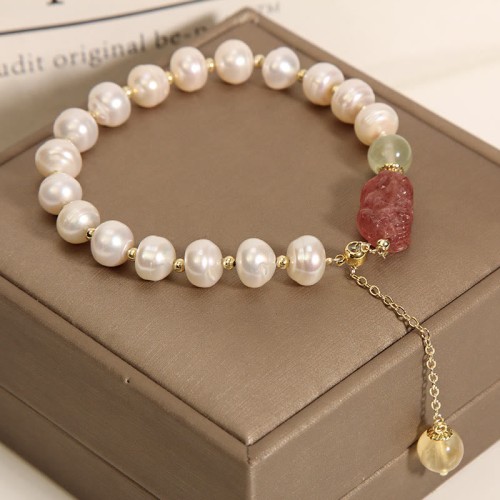 Cat's Eye Moonstone Strawberry Quartz PiXiu Charm Bracelet
