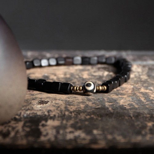 Ebony Wood Dzi Bead Copper Peace Couple Bracelet Ebony Wood Dzi Bead Copper Peace Couple Bracelet