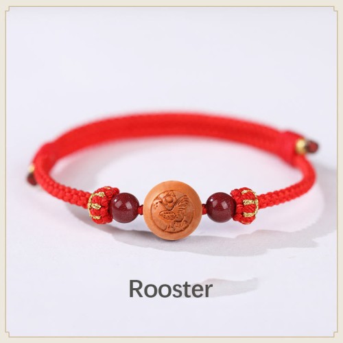Natural Peach Wood Chinese Zodiac Cinnabar Wealth Bracelet