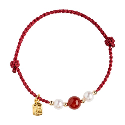Sterling Silver Good Fortune Agate Pearl Red String Bracelet