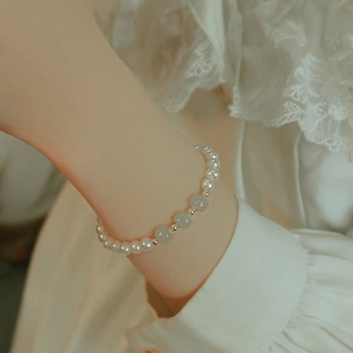 14K Gold Plated Pearl Hetian Cyan Jade Sincerity Bead Bracelet 14K Gold Plated Pearl Hetian Cyan Jade Sincerity Bead Bracelet