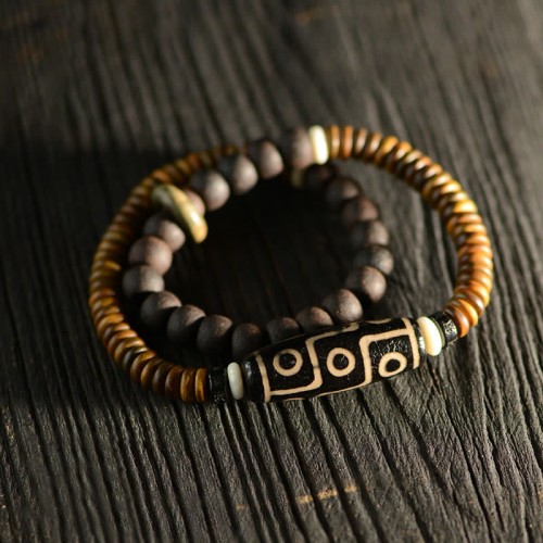 Tibetan Nine-Eye Dzi Bead Green Sandalwood Peace Wrap Bracelet Tibetan Nine-Eye Dzi Bead Green Sandalwood Peace Wrap Bracelet