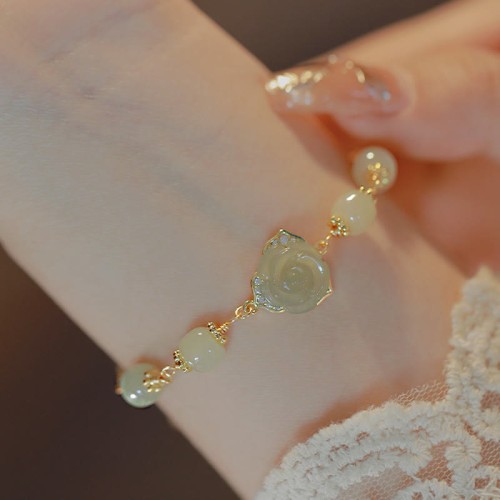 14K Gold Hetian Jade Rose Flower Luck Chain Bracelet 14K Gold Hetian Jade Rose Flower Luck Chain Bracelet
