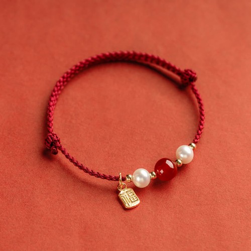 Sterling Silver Good Fortune Agate Pearl Red String Bracelet
