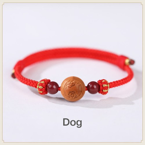 Natural Peach Wood Chinese Zodiac Cinnabar Wealth Bracelet