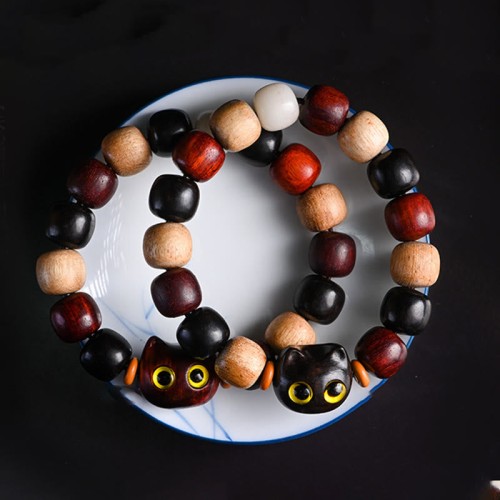 Ebony Wood Cat Engraved Protection Bracelet