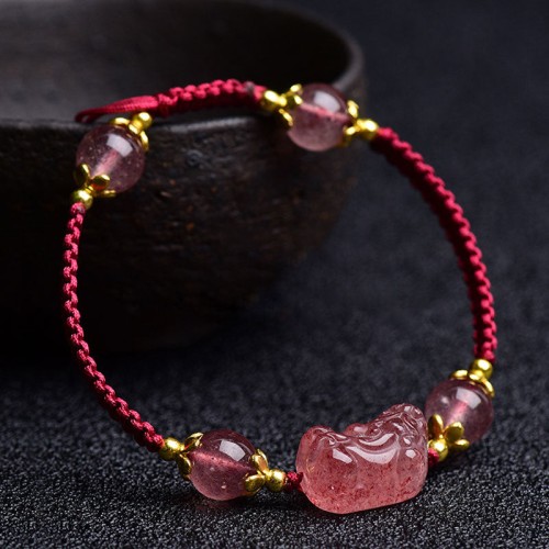Natural Strawberry Crystal Pixiu Charm Lucky Bracelet