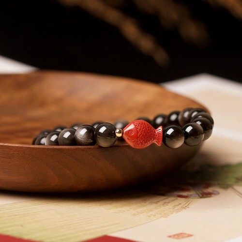 Silver Sheen Obsidian Cinnabar Koi Fish Protection Bracelet