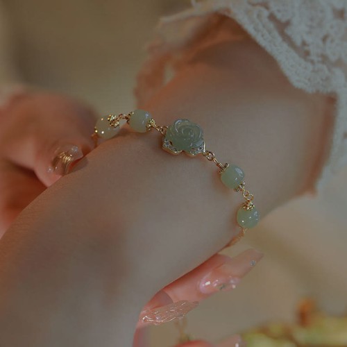 14K Gold Hetian Jade Rose Flower Luck Chain Bracelet 14K Gold Hetian Jade Rose Flower Luck Chain Bracelet