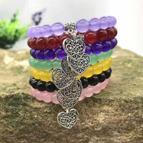 Natural Gemstone Lucky Heart Charm Stretch Bracelet Natural Gemstone Lucky Heart Charm Stretch Bracelet