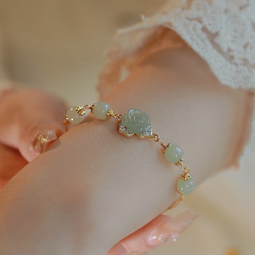 14K Gold Hetian Jade Rose Flower Luck Chain Bracelet 14K Gold Hetian Jade Rose Flower Luck Chain Bracelet