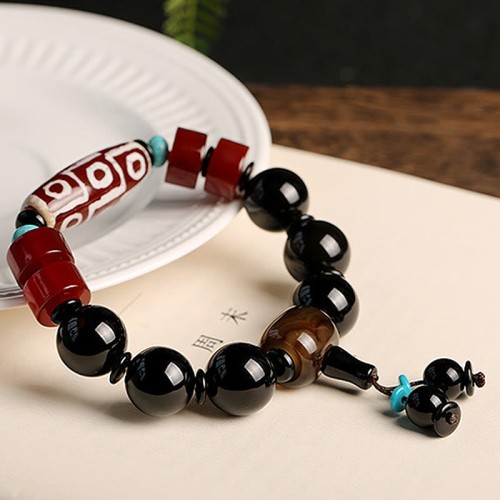 Tibetan Nine-Eye Dzi Black Onyx Wealth Bracelet