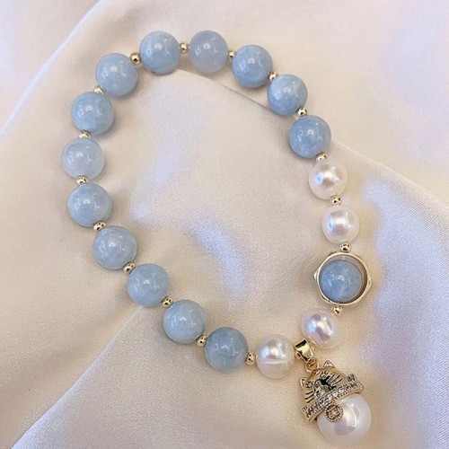 Aquamarine Pearl Healing Lucky Cat Charm Bracelet Aquamarine Pearl Healing Lucky Cat Charm Bracelet