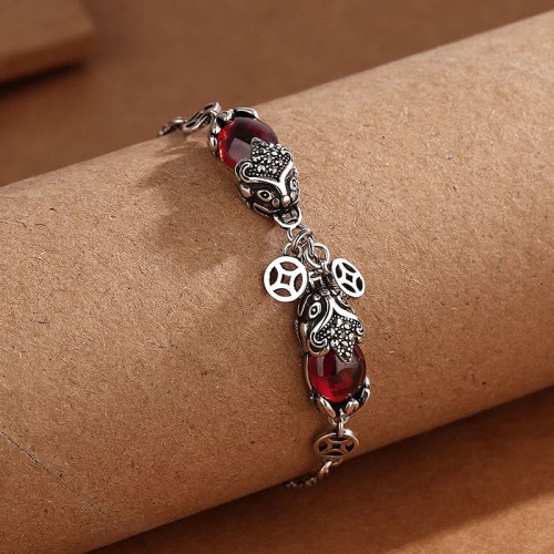 Garnet PiXiu Copper Coin Protection Bracelet