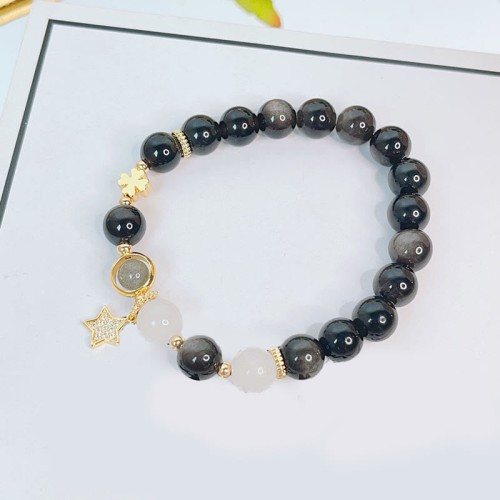 Natural Silver Sheen Obsidian Heart Star Flower Protection Bracelet