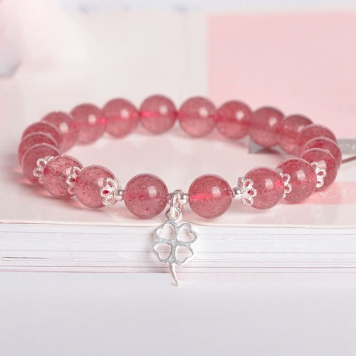 925 Silver Strawberry Quartz Four Leaf Clover Bracelet