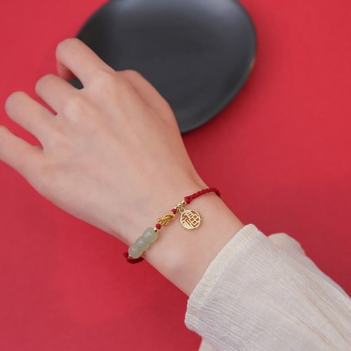 Jade Fu Character Charm Luck Red Rope Bracelet