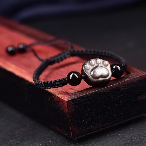 Silver Sheen Obsidian Cat Paw Protection Rope Bracelet Silver Sheen Obsidian Cat Paw Protection Rope Bracelet
