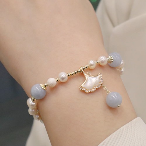 Aquamarine Pearl Ginkgo Leaf Butterfly Charm Bracelet Aquamarine Pearl Ginkgo Leaf Butterfly Charm Bracelet