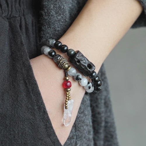 Black Rutilated Quartz Ebony Wood White Crystal Success Bracelet Black Rutilated Quartz Ebony Wood White Crystal Success Bracelet