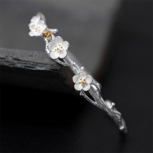 925 Sterling Silver Plum Flower Blessing Adjustable Bangle 925 Sterling Silver Plum Flower Blessing Adjustable Bangle