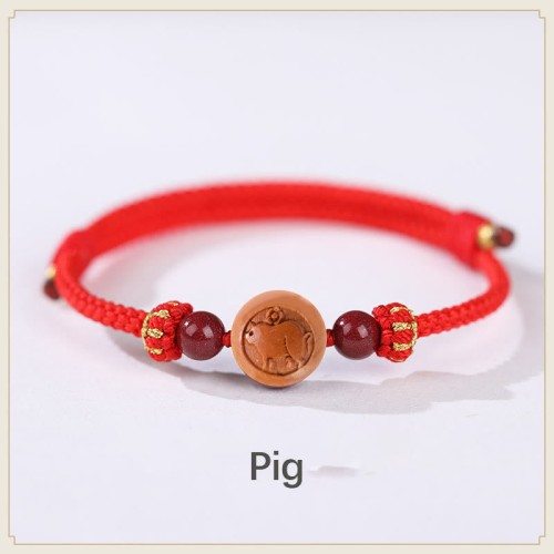 Natural Peach Wood Chinese Zodiac Cinnabar Wealth Bracelet