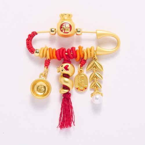 Copper Year of the Snake Tassels Fu Bowl Lucky Fortune Bag Brooch Copper Year of the Snake Tassels Fu Bowl Lucky Fortune Bag Brooch