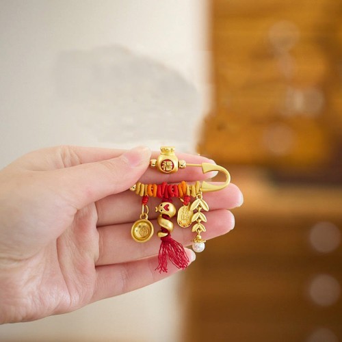 Copper Year of the Snake Tassels Fu Bowl Lucky Fortune Bag Brooch Copper Year of the Snake Tassels Fu Bowl Lucky Fortune Bag Brooch