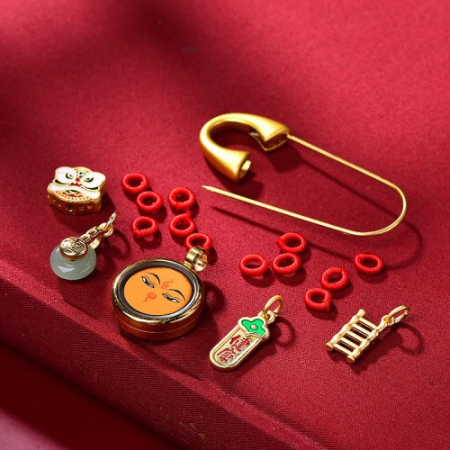 Tibetan Dancing Lion Jade Fu Character Copper Luck Brooch Tibetan Dancing Lion Jade Fu Character Copper Luck Brooch