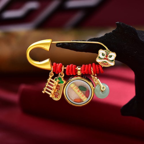 Tibetan Dancing Lion Jade Fu Character Copper Luck Brooch Tibetan Dancing Lion Jade Fu Character Copper Luck Brooch