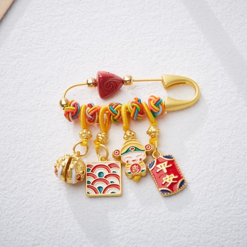 Cinnabar Zongzi Fu Character Caishen Copper Blessing Brooch Cinnabar Zongzi Fu Character Caishen Copper Blessing Brooch