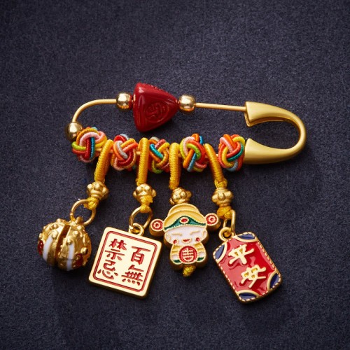 Cinnabar Zongzi Fu Character Caishen Copper Blessing Brooch Cinnabar Zongzi Fu Character Caishen Copper Blessing Brooch