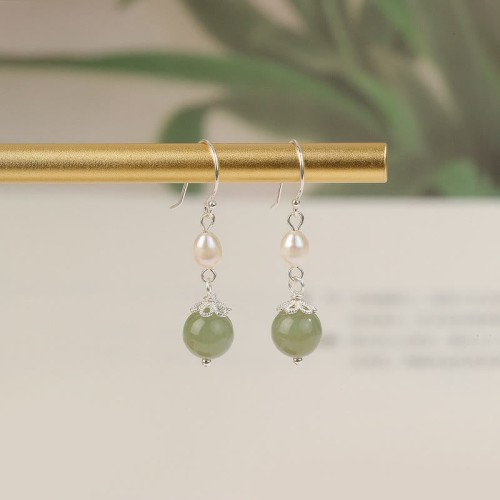 925 Sterling Silver Natural Pearl Jade Wisdom Earrings